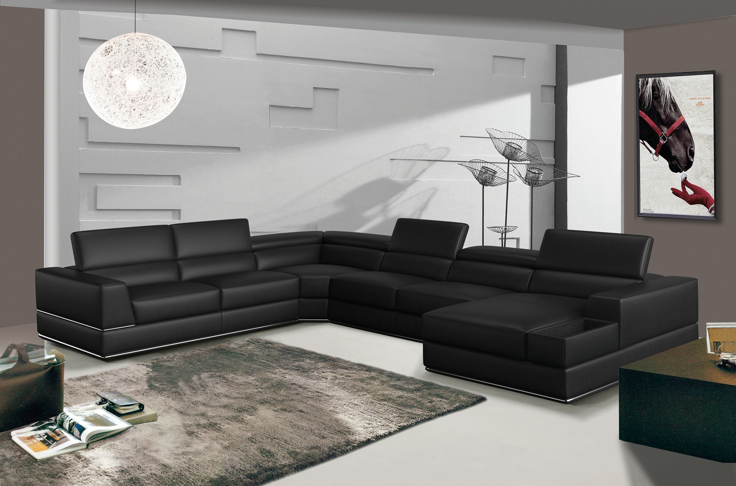 Divani Casa Pella Modern Black Italian Leather U Shaped Sectional Sofa Model VGCA5106O-BLK-SECT