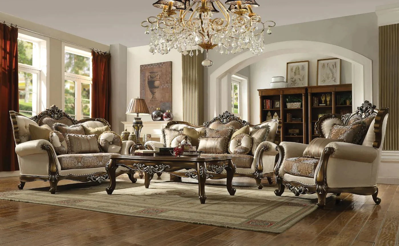 Latisha Tan, Pattern Fabric & Antique Oak Sofa Model 52115 By ACME Furniture