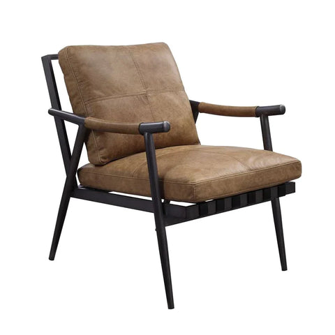 Anzan Berham Chestnut Top Grain Leather & Matt Iron Finish Accent Chair Model 59949 By ACME Furniture