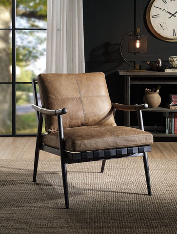 Anzan Berham Chestnut Top Grain Leather & Matt Iron Finish Accent Chair Model 59949 By ACME Furniture