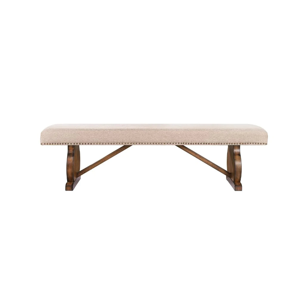 Maurice Khaki Linen & Antique Oak Bench Model 62474 By ACME Furniture