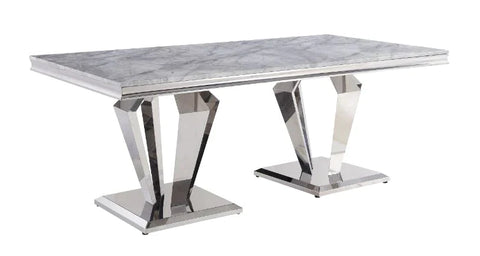 Satinka Light Gray Printed Faux Marble & Mirrored Silver Finish Dining Table Model 68265 By ACME Furniture