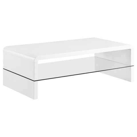 Coaster Airell Rectangular Coffee Table with Glass Shelf White High Gloss Model 703798
