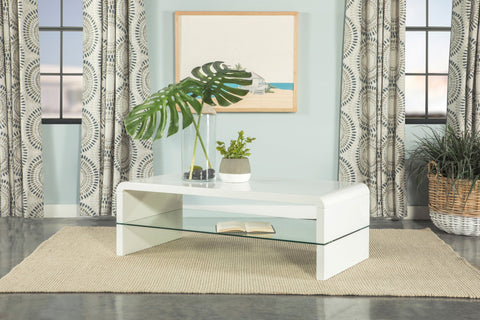 Coaster Airell Rectangular Coffee Table with Glass Shelf White High Gloss Model 703798