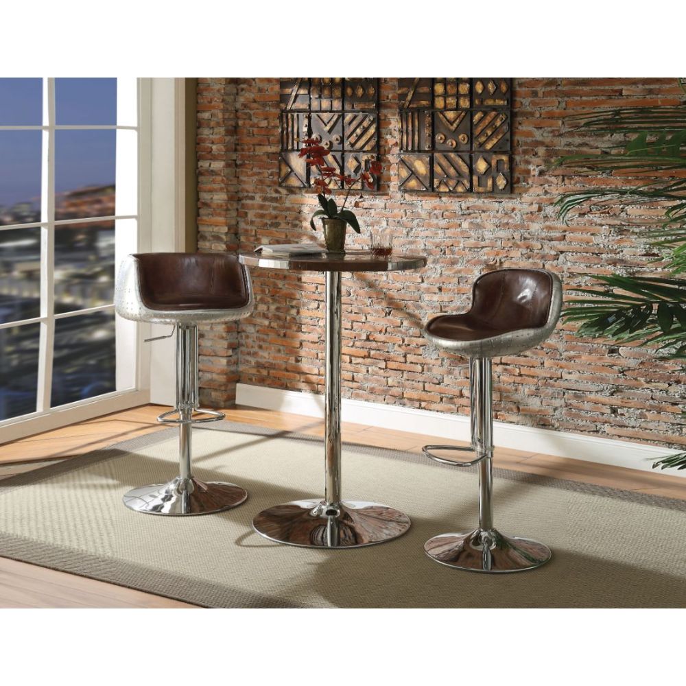 ACME Brancaster Retro Brown Top Grain Leather & Aluminum Brancaster Bar Table Model 70425