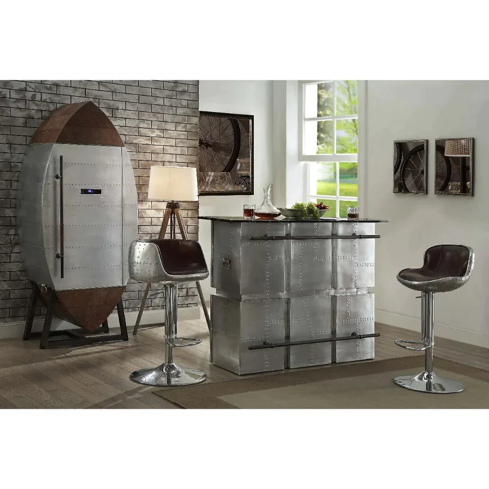 Brancaster Retro Brown Top Grain Leather & Aluminum Wine Cabinet Model 97195 By ACME Furniture