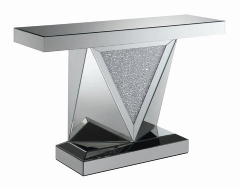 Coaster Gunilla Rectangular Sofa Table with Triangle Detailing Silver and Clear Mirror Model 722509