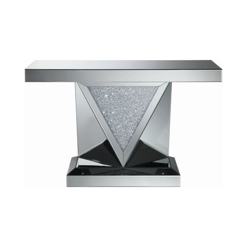 Coaster Gunilla Rectangular Sofa Table with Triangle Detailing Silver and Clear Mirror Model 722509