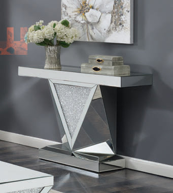 Coaster Gunilla Rectangular Sofa Table with Triangle Detailing Silver and Clear Mirror Model 722509