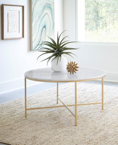 Coaster Ellison Round X-cross Coffee Table White and Gold Model 723208