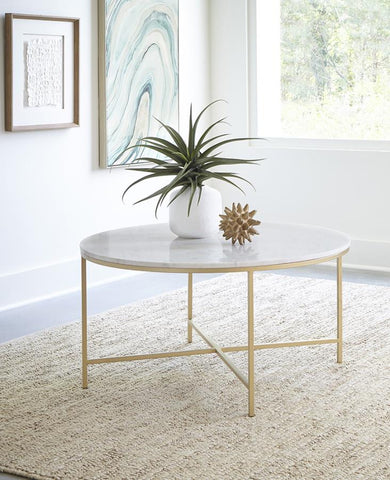 Coaster Ellison Round X-cross Coffee Table White and Gold Model 723208