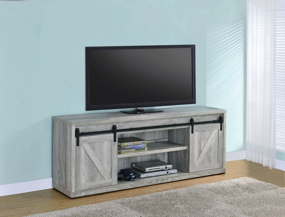 Coaster Brockton 71-inch 3-shelf Sliding Doors TV Console Grey Driftwood Model 723263