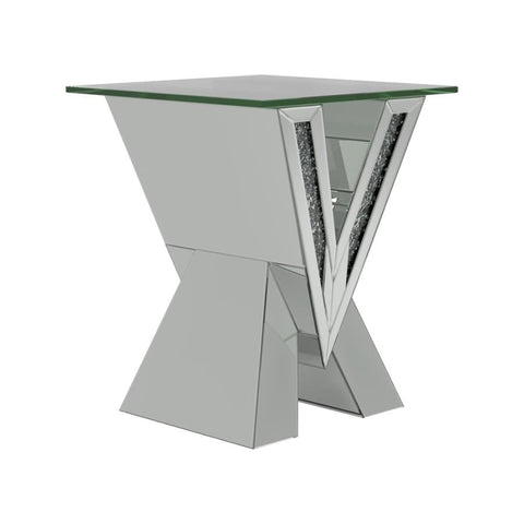 Coaster Taffeta V-shaped End Table with Glass Top Silver Model 723447