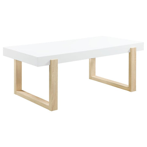 Coaster Pala Rectangular Coffee Table with Sled Base White High Gloss and Natural Model 753398
