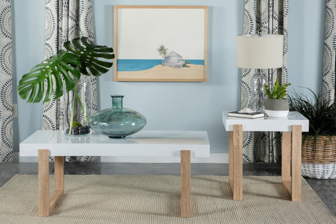 Coaster Pala Rectangular Coffee Table with Sled Base White High Gloss and Natural Model 753398