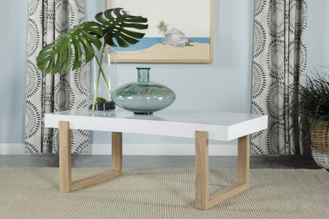 Coaster Pala Rectangular Coffee Table with Sled Base White High Gloss and Natural Model 753398