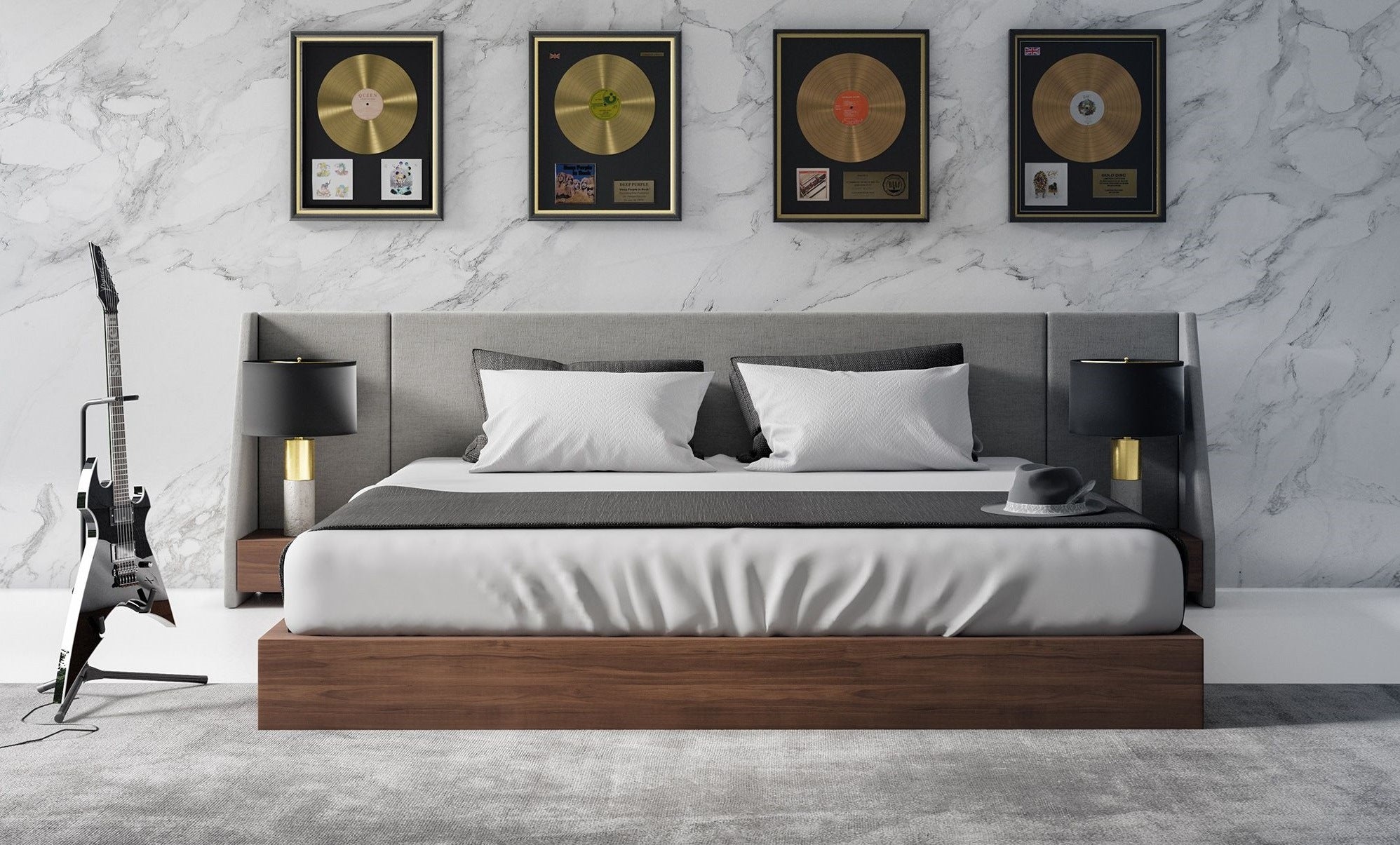 Nova Domus Janice Modern Grey Fabric And Walnut Bed And Nightstands Model VGMA-BR-88-BED