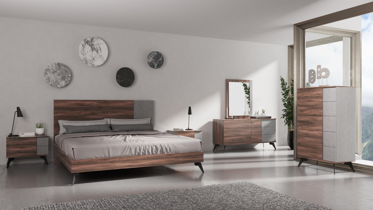 Queen Nova Domus Palermo Italian Modern Faux Concrete & Noce Bodrum 4 Piece Bedroom Set Model VGACPALERMO-WAL-4PC-SET-Q
