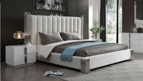 Modrest Token Modern White & Stainless Steel Bed With Nightstands Model VGVCBD815-WHT-BED-2NS-SET