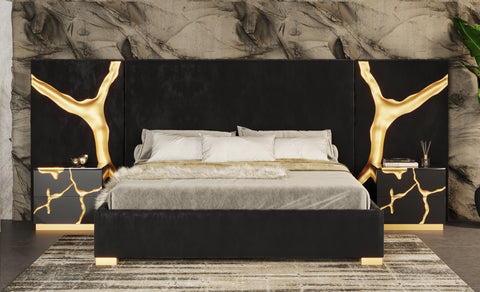 Modrest Aspen Modern Black & Gold Bed With Nightstands Model VGVCBD1801-BLK-BED-2NS-SET