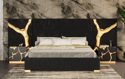 Modrest Aspen Modern Black & Gold Bed With Nightstands Model VGVCBD1801-BLK-BED-2NS-SET