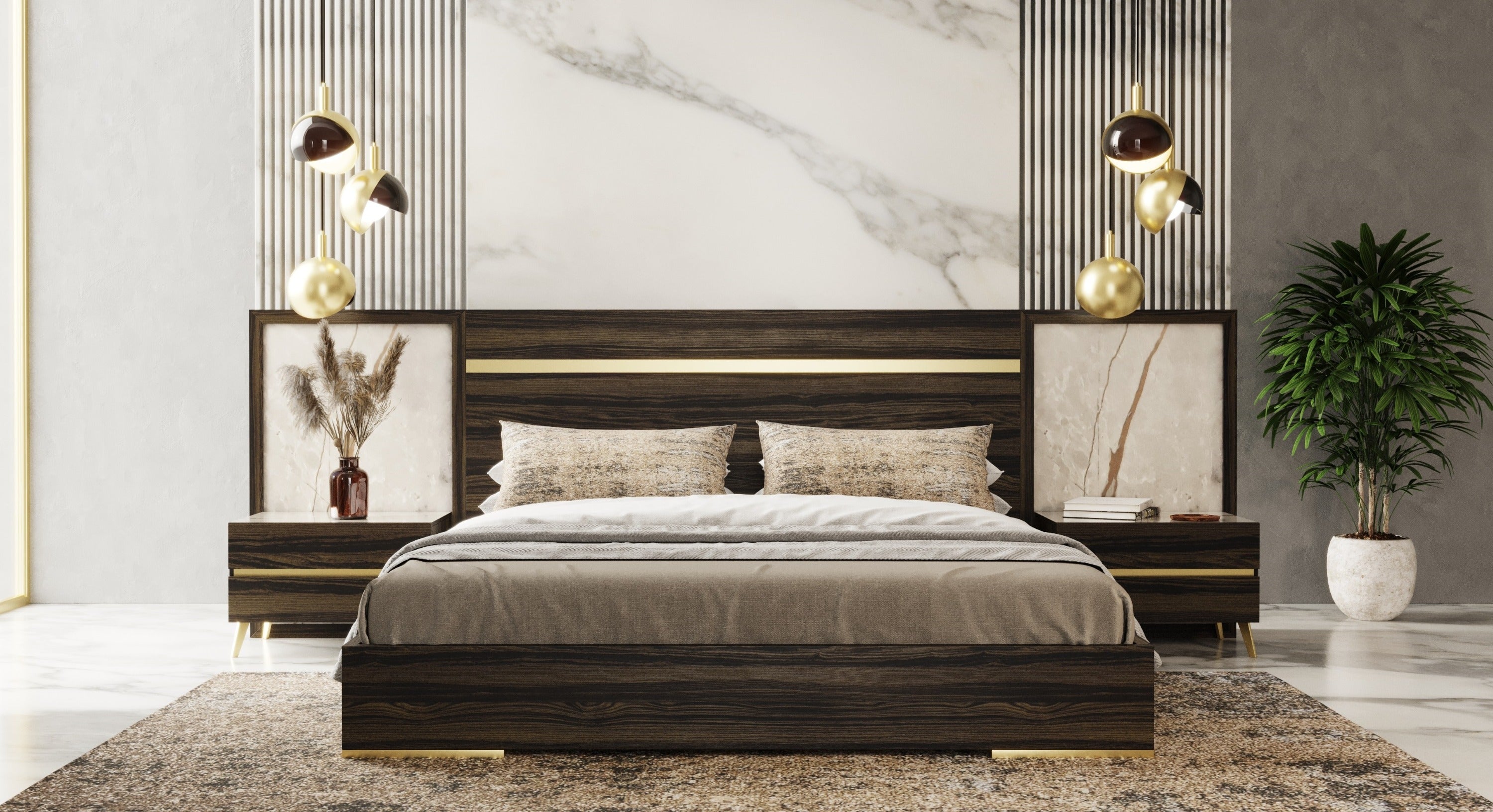 Nova Domus Velondra Modern Eucalypto & Marble Bed With Two Nightstands Model VGACVELONDRA-BED-2NS