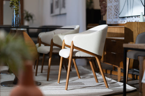 Modrest Lunde Cream Fabric And Walnut Arm Dining Chair Model VGCS-ACH-20071