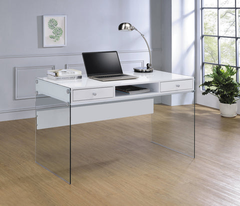 Coaster Dobrev 2-drawer Writing Desk Glossy White and Clear Model 800829