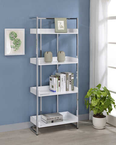 Coaster Ember 4-shelf Bookcase White High Gloss and Chrome Model 803402