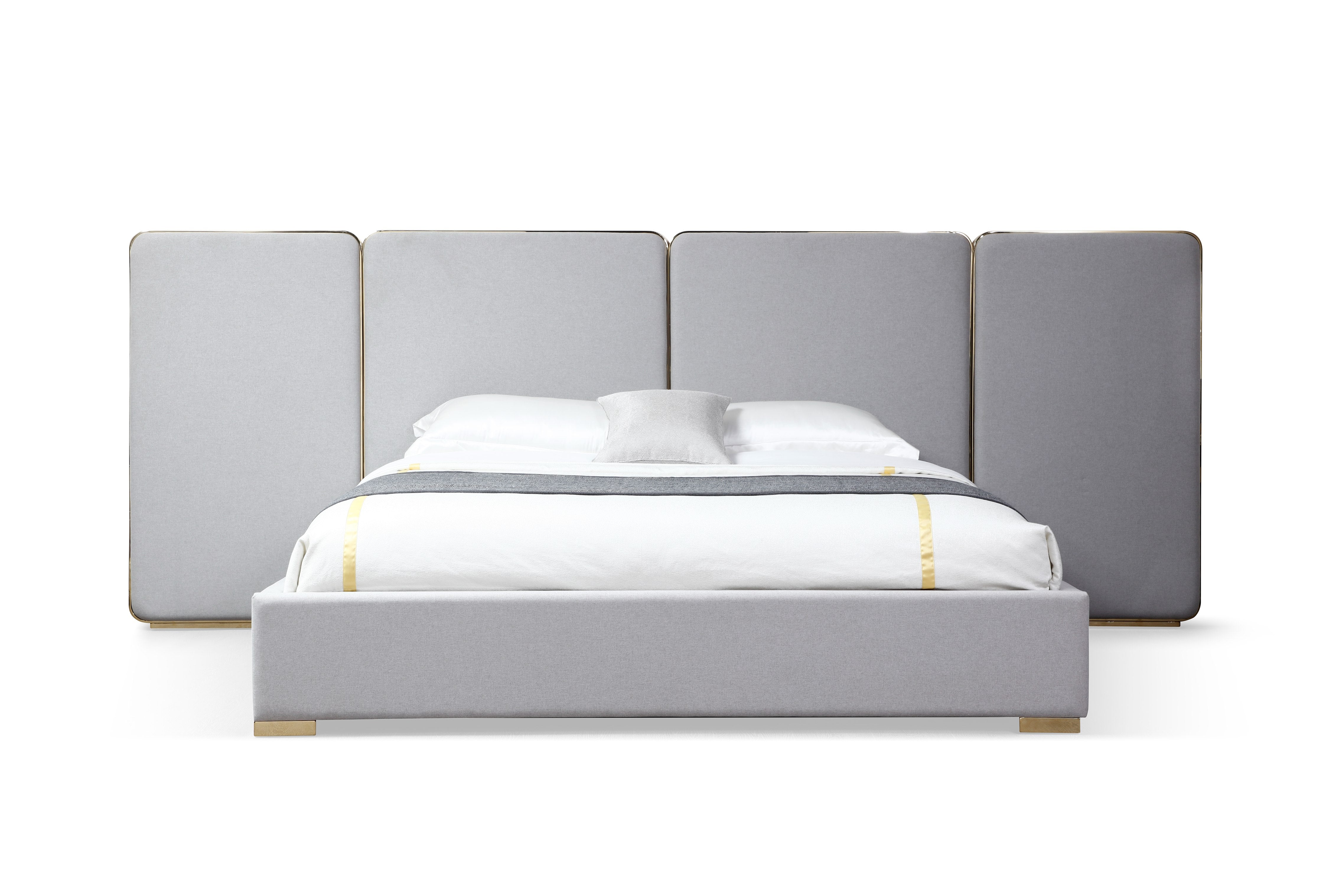 Eastern King Modrest Athena Modern Light Grey Linen & Gold Bed Model VGVC-BD2233-BED-EK
