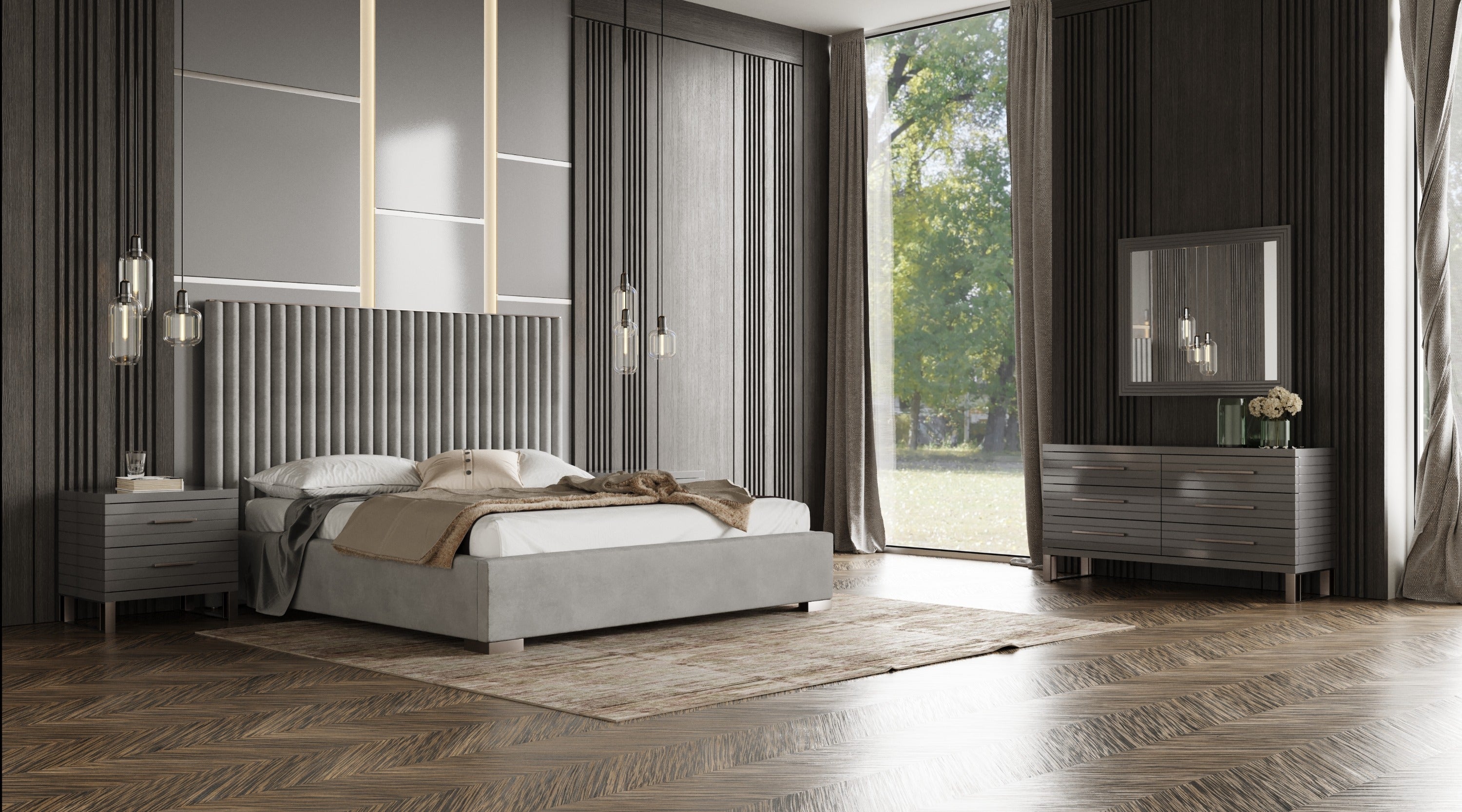 Modrest Splendor Silver & Grey Velvet Upholstered Platform Bed Set Model VGVCBD20256-BED-SET