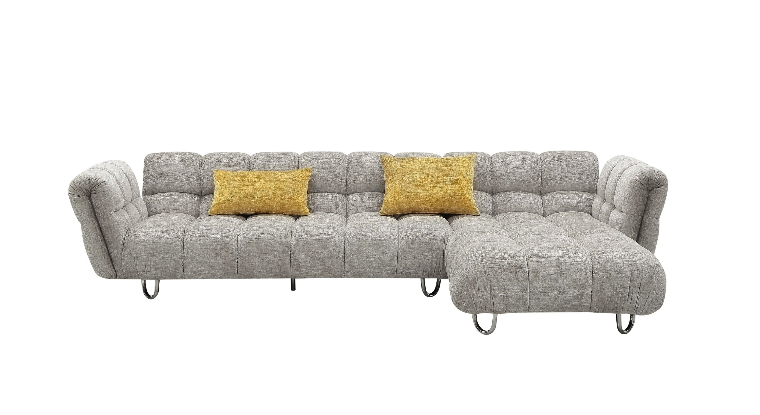 Divani Casa Jacinda Modern Grey Fabric Right Facing Sectional Sofa With 2 Yellow Pillows Model VGEV-23106-GRY-RAF