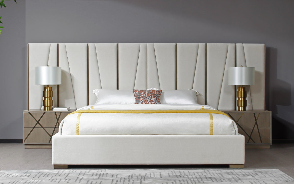 Modrest Nixa Modern Beige Velvet & Brushed Bronze Bed & Birch Nightstands Model VGVC-BD1909-BED-NS-BGE