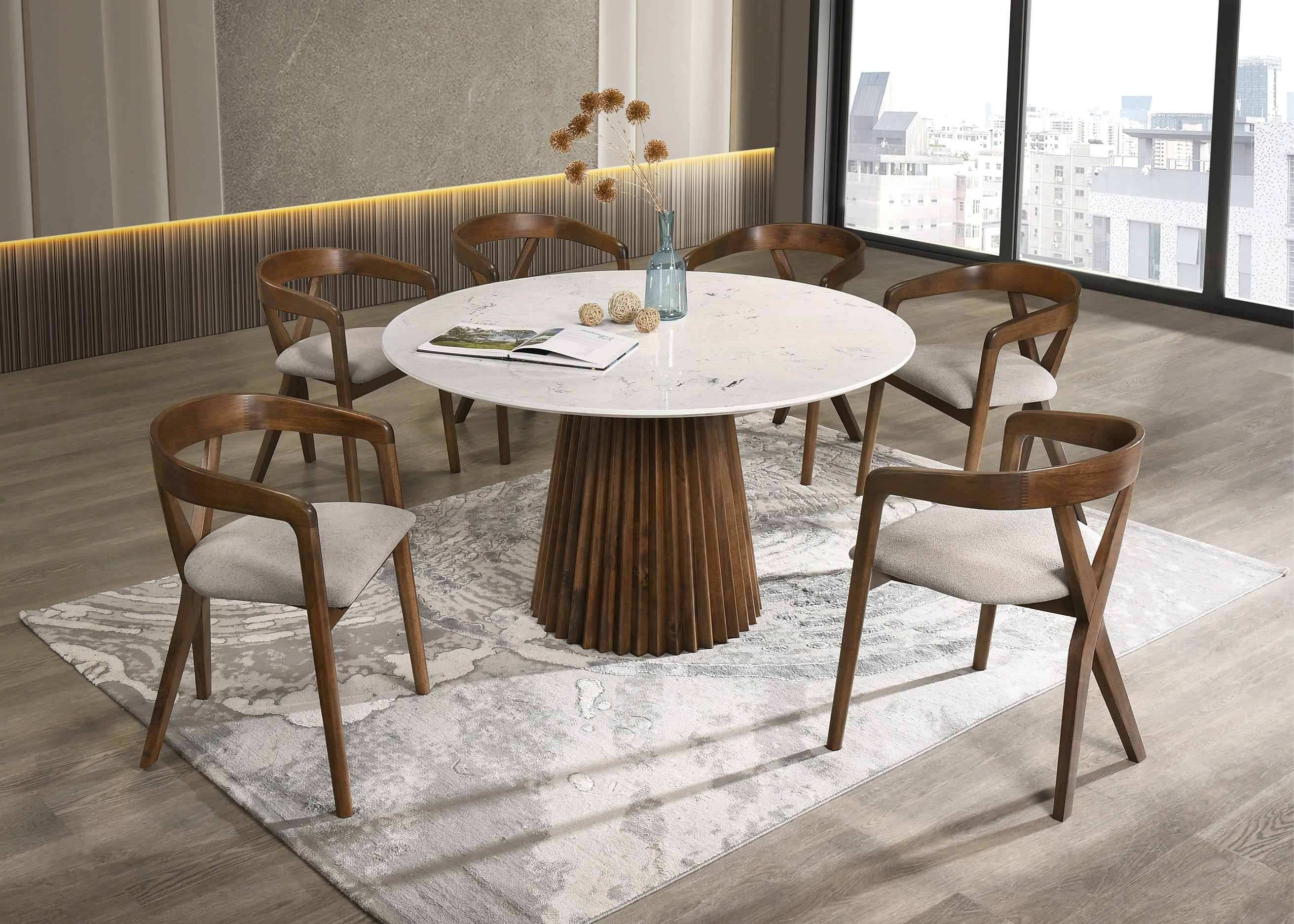 Modrest Nancy & Weiss Mid Century Modern Marble & Walnut Dining Table Set Model VGMA-MIT-5347-MI-1181-SET