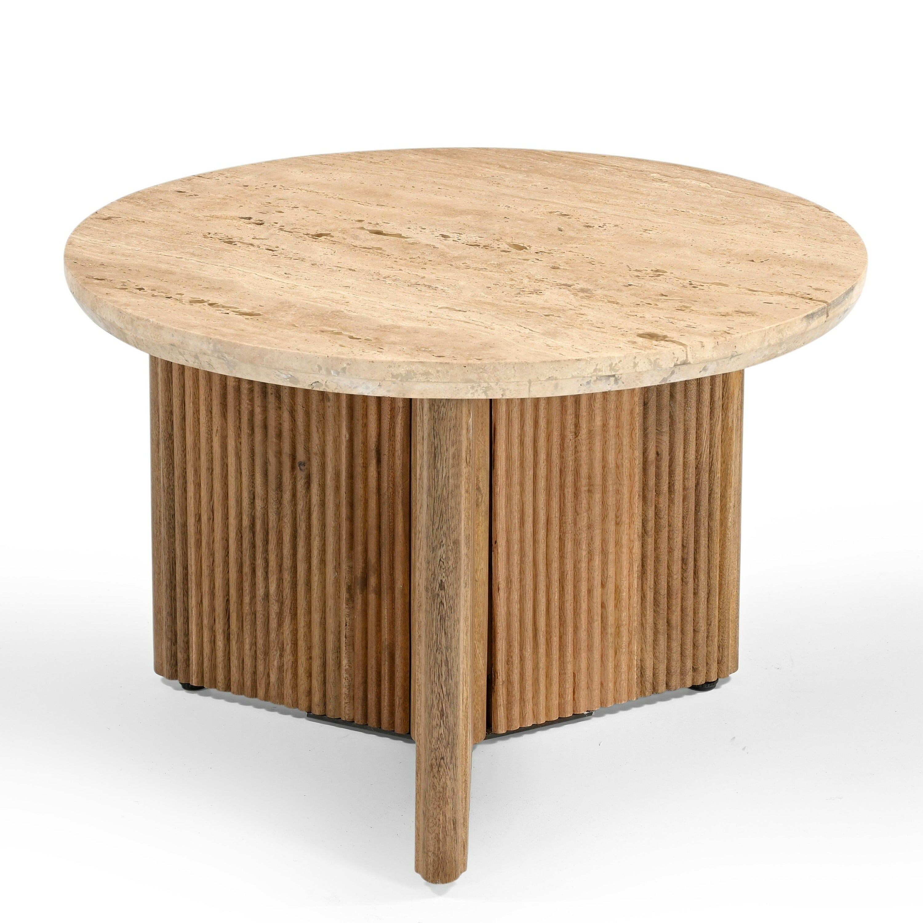 Modrest Pawnee Modern Travertine Marble & Wood Round End Table Model VGBR-SBA-2706-60