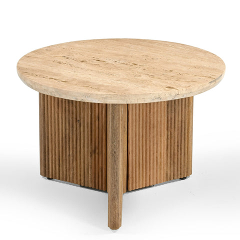 Modrest Pawnee Modern Travertine Marble & Wood Round End Table Model VGBR-SBA-2706-60