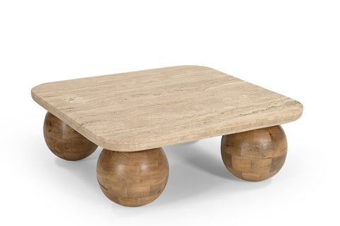 Modrest Seadrift Modern Travertine Marble and Wood Square Coffee Table
