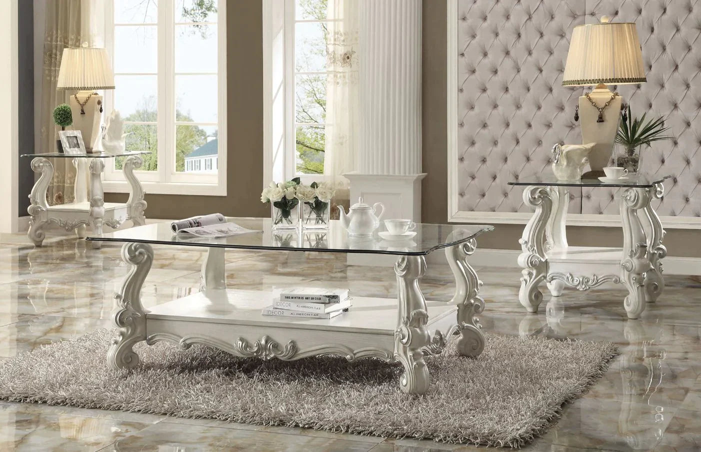 Versailles Bone White & Clear Glass Coffee Table Model 82103 By ACME Furniture