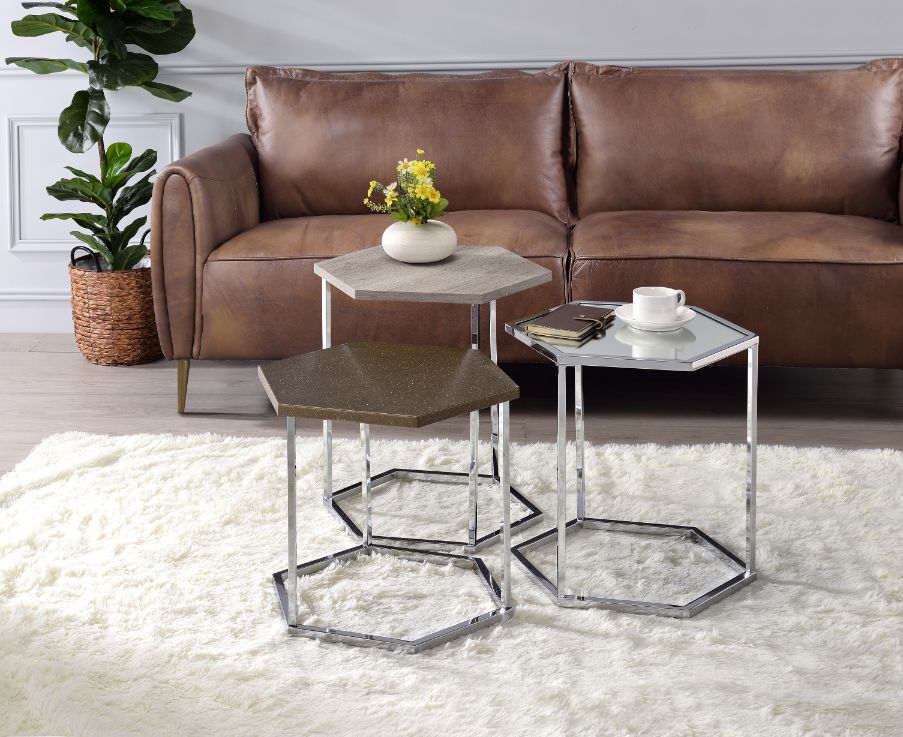 Simno Clear Glass, Taupe, Gray Washed & Chrome Finish Coffee Table Model 82105 By ACME Furniture