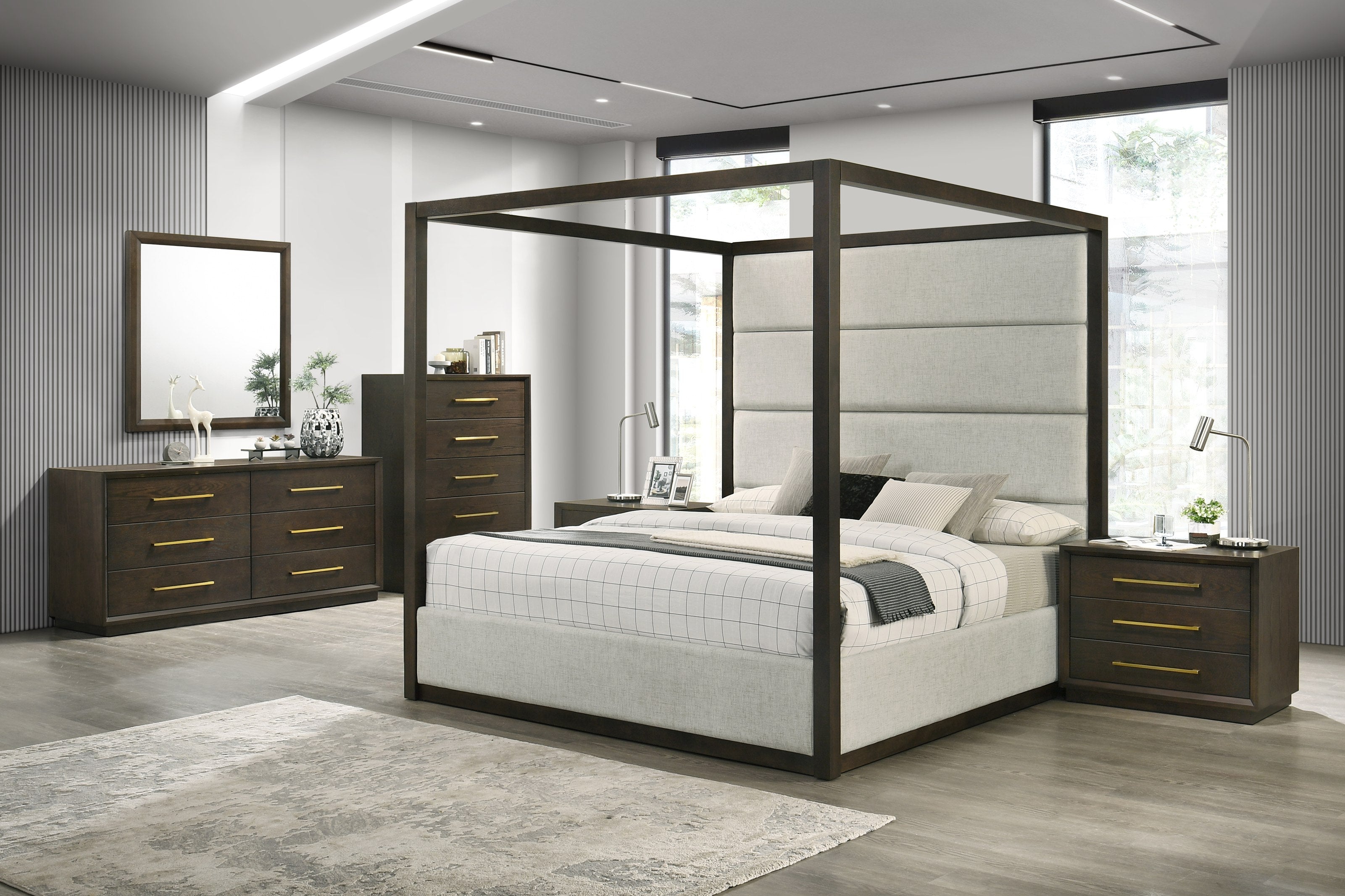 Eastern King Modrest Manhattan Contemporary Canopy Cherry Bedroom Set Model VGMA-BR-127-SET-CRY-EK