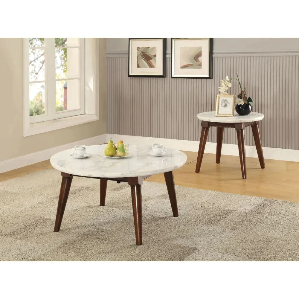 Gasha White Marble & Walnut End Table Model 82892 By ACME Furniture