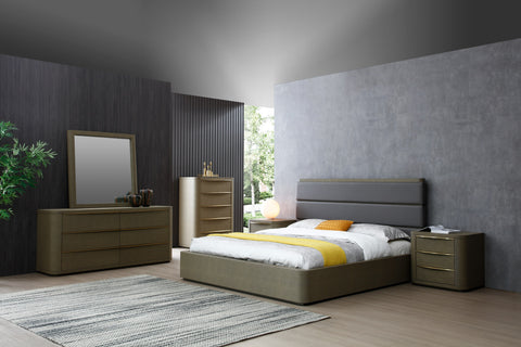 Eastern King Modrest Lois Modern Grey Leather & Beige Shagreen Bedroom Set Model VGVC-BD2408-SET-EK