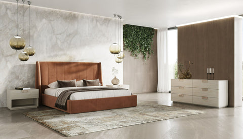 Lamod Roma & Lago Modern Burnt Orange Velvet & Faux Travertine 4 Piece Bedroom Set Model VGAC-ROMALAGO-4PC-SET