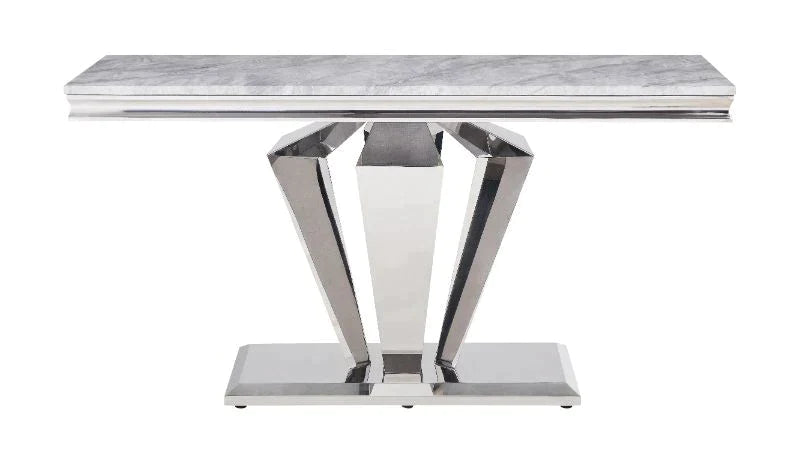 Satinka Light Gray Printed Faux Marble & Mirrored Silver Finish Accent Table Model 87223 By ACME Furniture