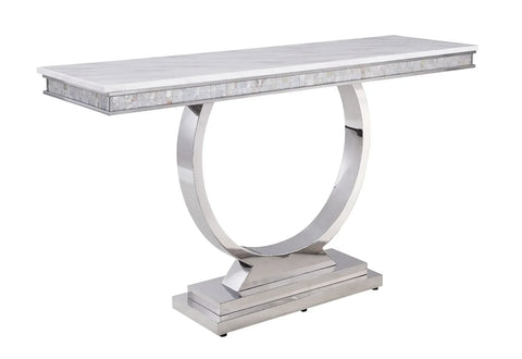 Zander White Printed Faux Marble & Mirrored Silver Finish Accent Table Model 87359 By ACME Furniture