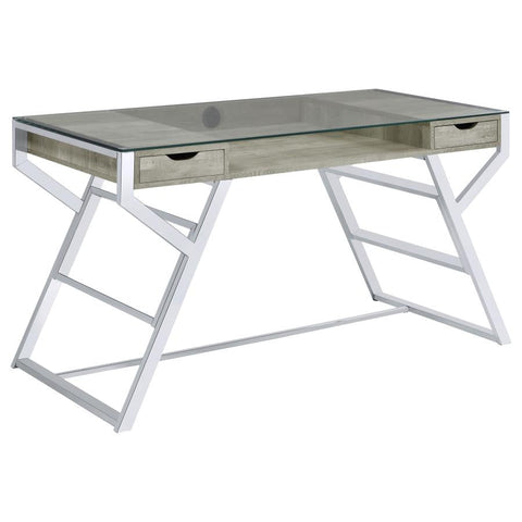 Coaster Emelle 2-drawer Glass Top Writing Desk Grey Driftwood and Chrome Model 882116