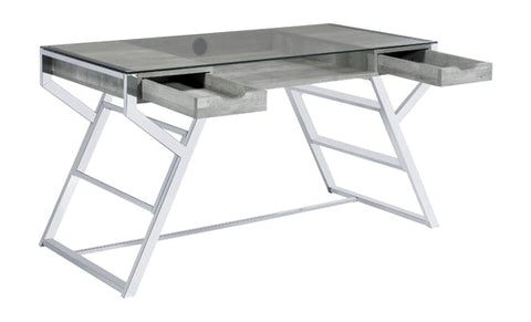 Coaster Emelle 2-drawer Glass Top Writing Desk Grey Driftwood and Chrome Model 882116