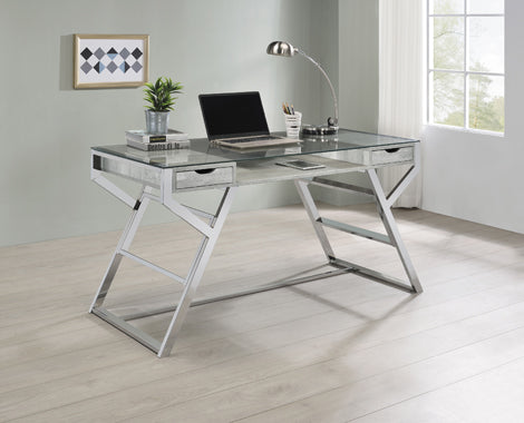 Coaster Emelle 2-drawer Glass Top Writing Desk Grey Driftwood and Chrome Model 882116