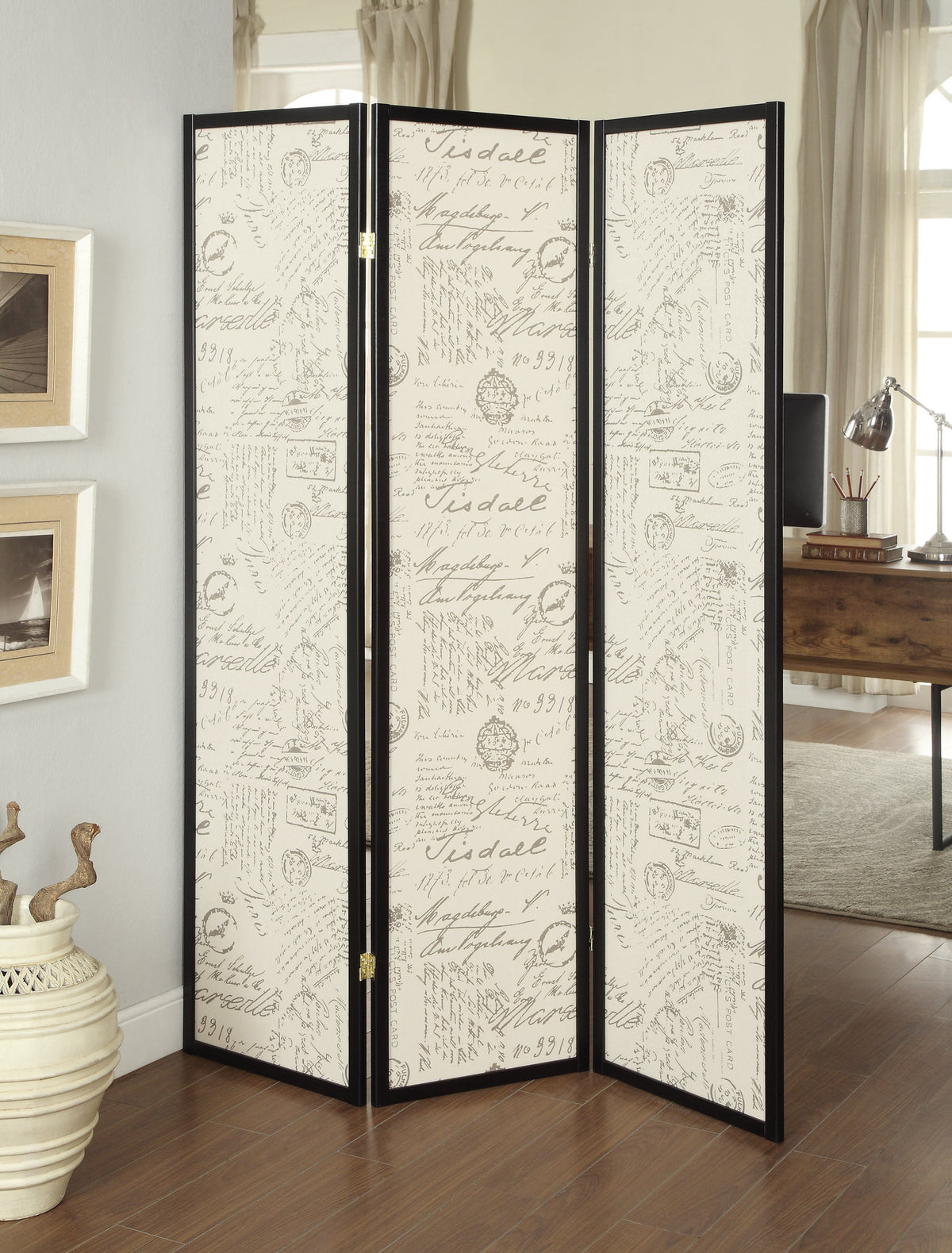 Coaster Felice 3-panel French Script Print Folding Screen Espresso Model 900074