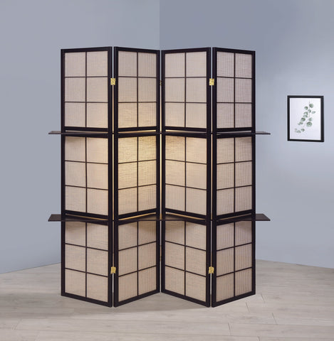 Coaster Iggy 4-panel Folding Screen with Removable Shelves Tan and Cappuccino Model 900166